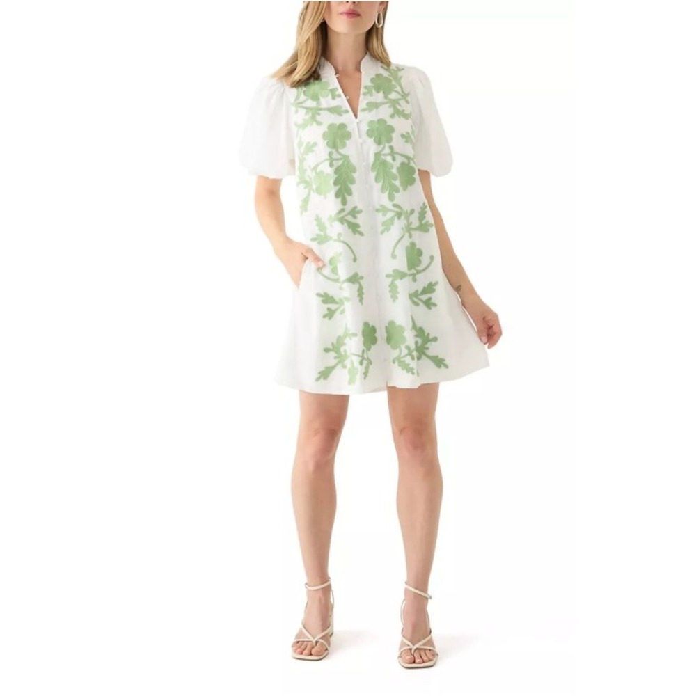Crown & Ivy Women's White‎ Green Embroidered Puff Sleeve Mini Dress Size S NWT